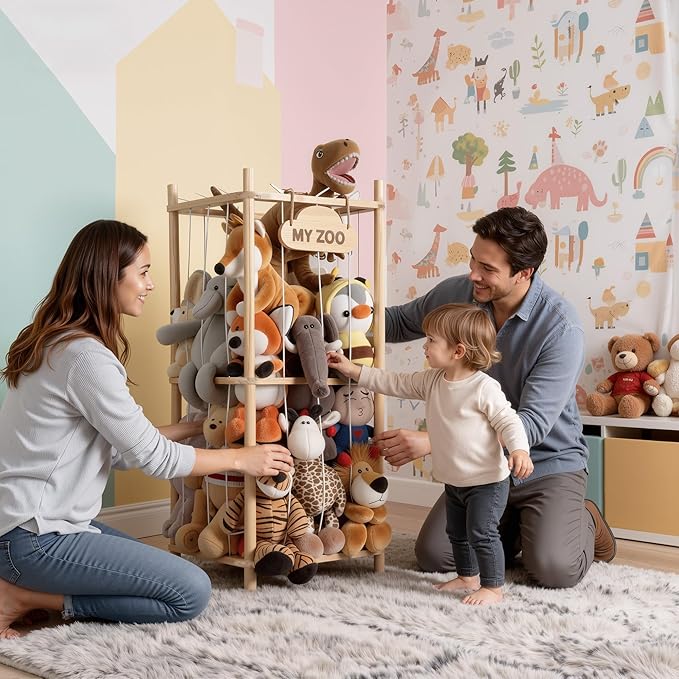 LAMU Stuffed Animal Storage Zoo, Wooden Stuffed Animals Organizer & Holder for Kids with Elastic Cords, Space Saving Plushies Toy Organizer, Easy to Setup Plush Toy Cage for Playroom Bedroom Nursery