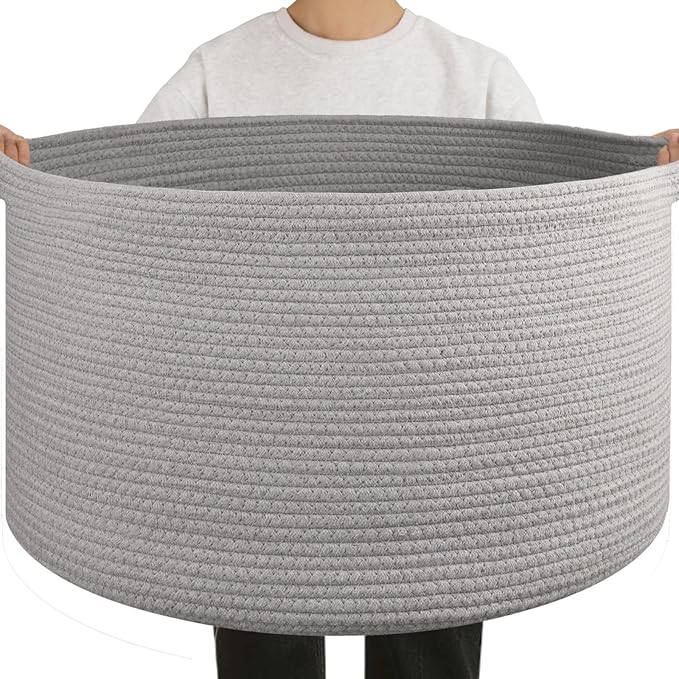 OIAHOMY 90L Blanket Basket for Living Room, Large Basket 23" x 23" x 13" with Handle, Laundry Hamper for Blankets, Pillows, Toy Storage for Kids, Dogs - Light Grey