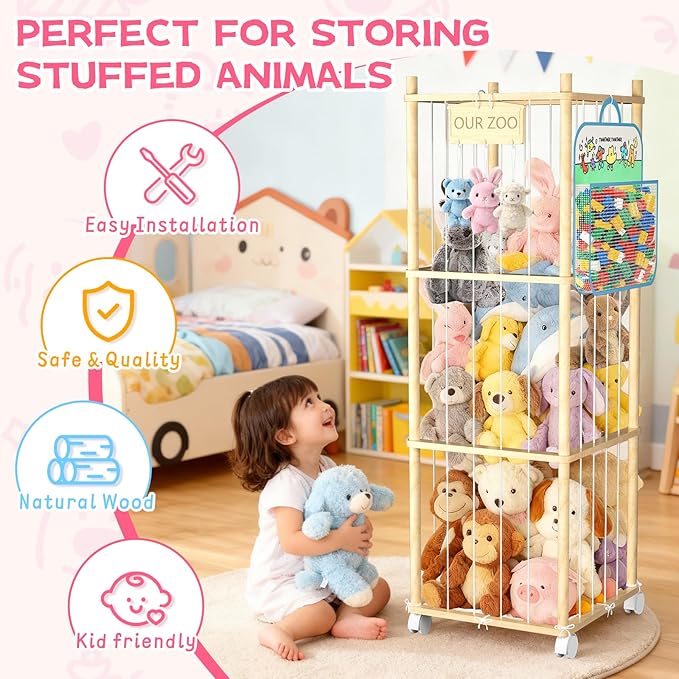 DUOQNY Large Toy Storage Organizer, 54-Inch Wooden Stuffed Animal Cage with Bag & DIY Plaque - Holds Plush Toys, Small Objects for Kids Bedroom, Nursery, Playroom - Gift for Children