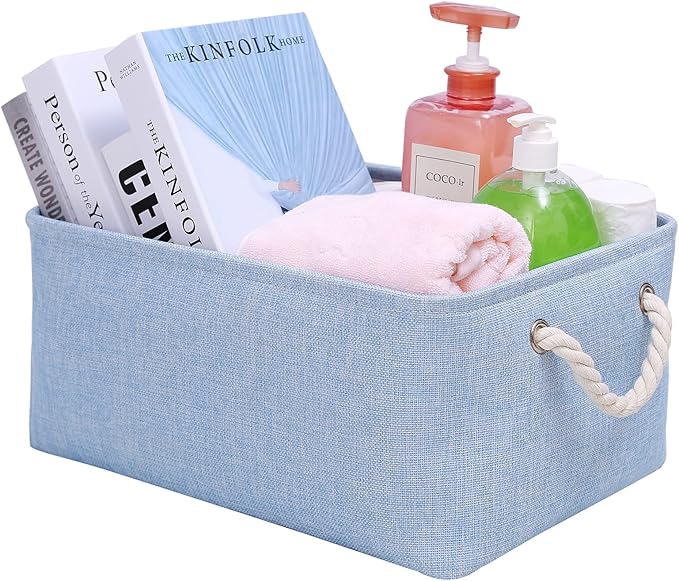 LordCom Storage Bins with Sturdy Cotton Handles(1 Pack), Fabric Storage Baskets for Organizing use for Office & Home, Book, Clothes, Toys, Closet Boxes (Small, Blue, 12.2x8.3x6.3 inches)