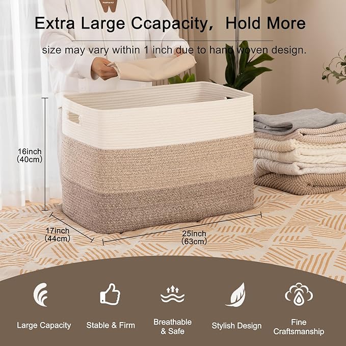 OIAHOMY 118L Extra Large Blanket Basket, Rectangle Woven Cotton Rope Storage Basket,Used for storing Dirty Clothes, Stuffed Animal Toy Storage for Living Room,Kids Room,25" x 17" x 16", Gradient Brown