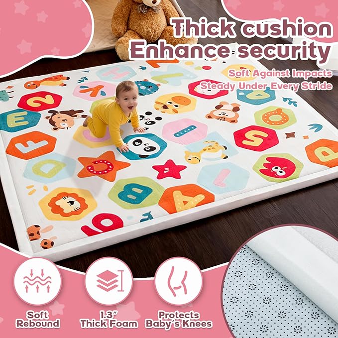 Baby Play Mat for Floor,1.3" Thick Elasti-Foam Playpen Mat for Tummy Time, Easy Care with Non-Slip Cushioned for Infant,Kids and Toddler Crawling