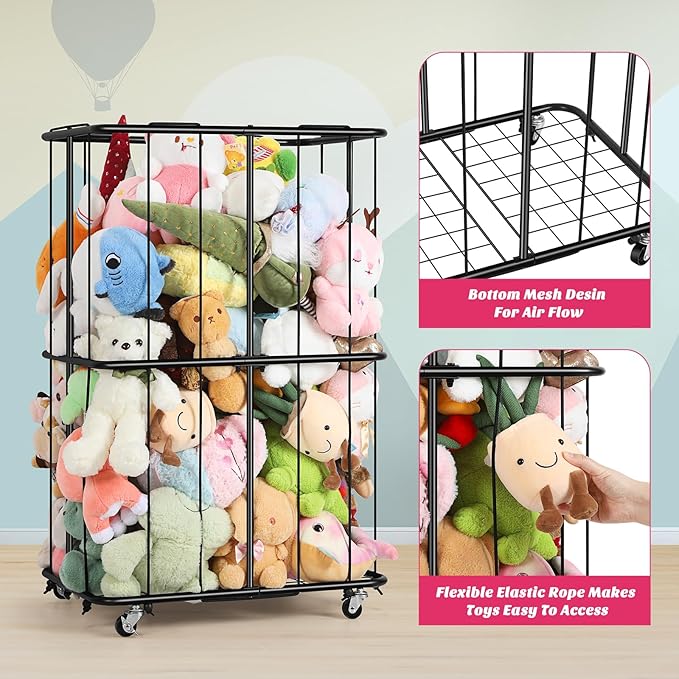 OYEAL Stuffed Animal Zoo Storage Metal Stuffed Animal Organizer With Wheels Ball Storage Rack Stand Plush Storage Holder With Elastic Band for Nursery Play Room Bedroom, Easy To Assemble, Black