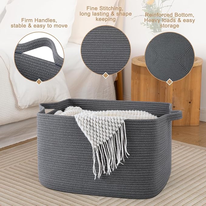 SIXDOVE 65L Large Storage Basket, Cotton Rope Woven Blanket Basket, Toy Storage for Baby Room, Living Room, Dark Grey