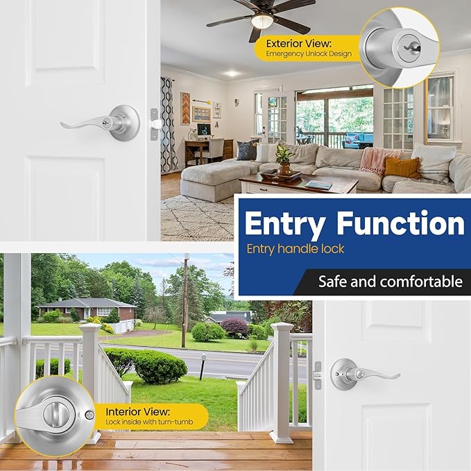Keyed Entry Door Lever, Door Handle with Lock and Key, Exterior ＆ Interior Door Handle for Bedroom, Wave Style Lever Satin Nickel, Reversible for Left/Right
