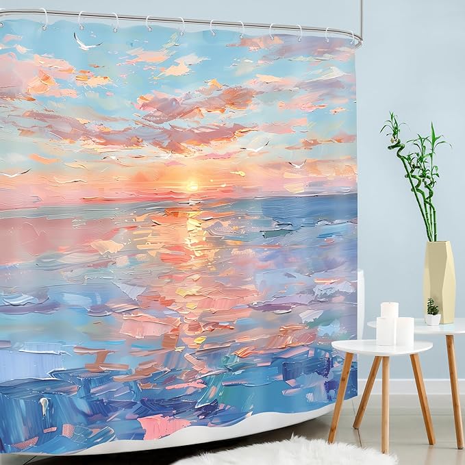 Beach Shower Curtain Ocean Beachy Abstract Blue Coastal Sunset Modern Sea Summer Nature Landscape Hawaii Seashore 60Wx72H Bathroom Decor Oil Painting Bath Curtain Fabric Polyester 12 Pack Hook
