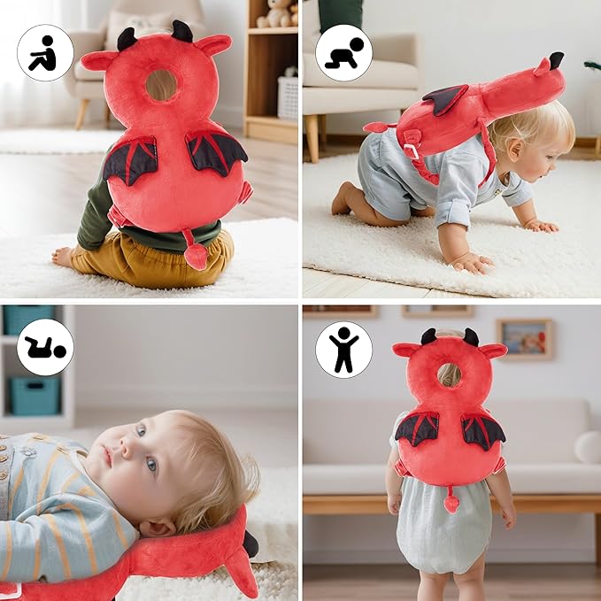 Baby Head Back Protector Backpack Toddler Safety Protector Cushion Pad Soft, Adjustable and Lightweight Design for Safe Walking and Crawling Toddlers Girls and Boys(Red Devil)