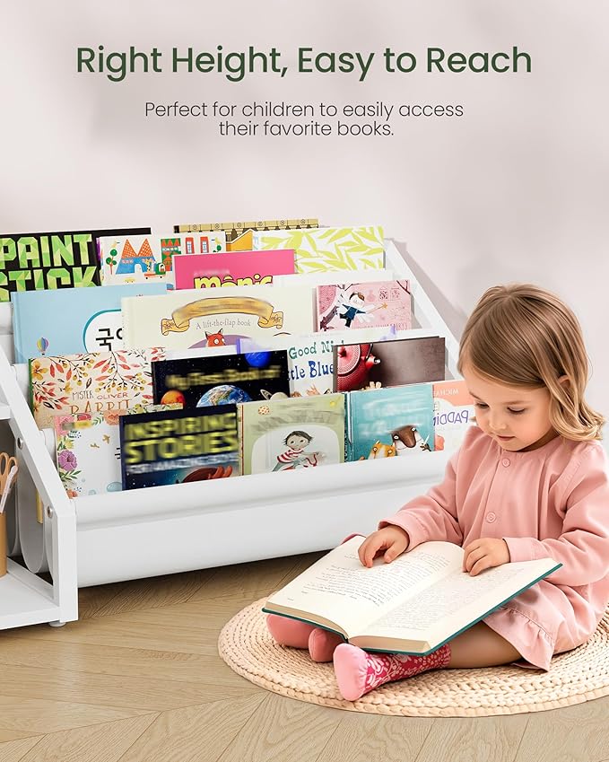CHOEZON Kids Bookshelf, Book Shelf for Kids Rooms, Toddler Bookshelf with 2 Open Shelves and 4-Tier Sling Rack, for Kid Room, Nursery, Bedroom, Playroom, White TCW16WB
