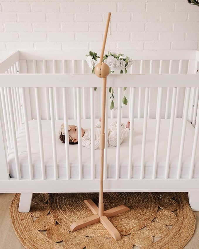 Baby Crib Mobile Arm Wooden Holder Floor Stand - Floor Stand, 360° Adjustable Height - Universal Baby Mobile Hanger, fits Any Crib (100% Natural Beechwood) - Nursery Decor & Gift Accessories