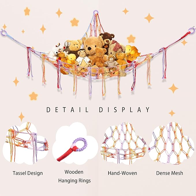 CERETIA Stuffed Animal Hammock with LED Light, Large Stuffed Animals Storage Corner Plushie Net for Kids Room Decor, Rainbow