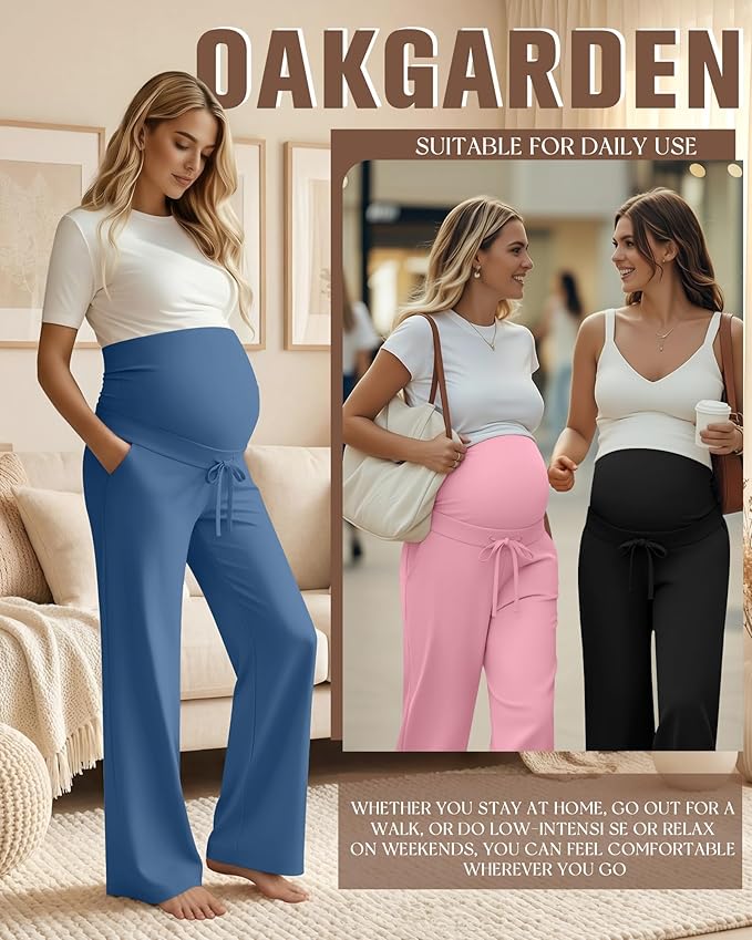 3 Pcs Maternity Sweatpants Over The Belly Pregnancy Straight Wide Leg Elastic Drawstring Pants Joggers with Pockets