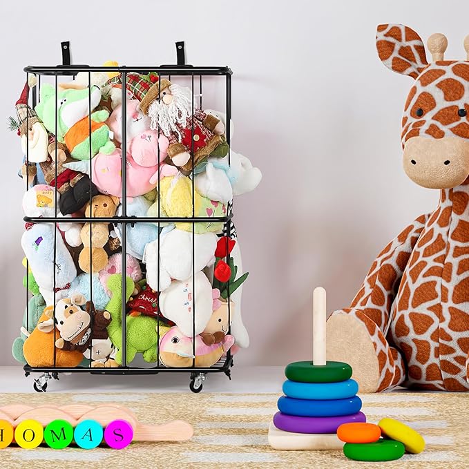 OYEAL Stuffed Animal Zoo Storage Metal Stuffed Animal Organizer With Wheels Ball Storage Rack Stand Plush Storage Holder With Elastic Band for Nursery Play Room Bedroom, Easy To Assemble, Black