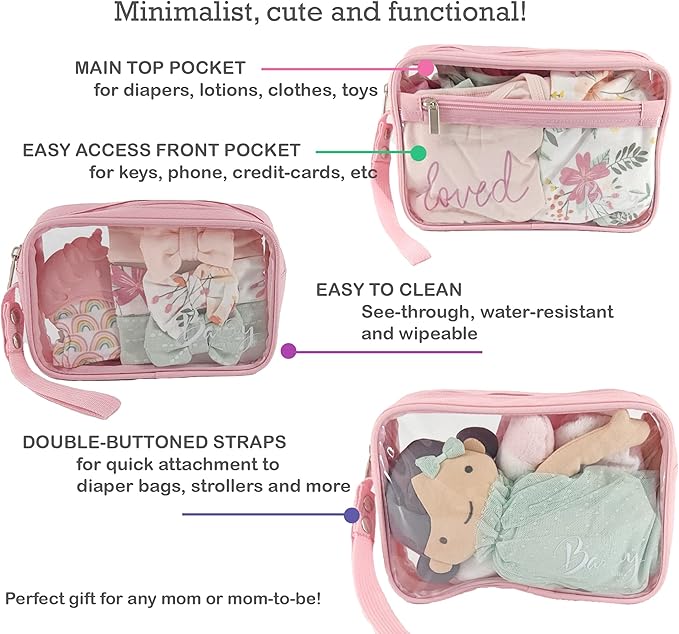 Llama Bella 5 Piece Diaper Bag Organizer Pouch Set, Clear with Straps and Pacifier Case - Pink