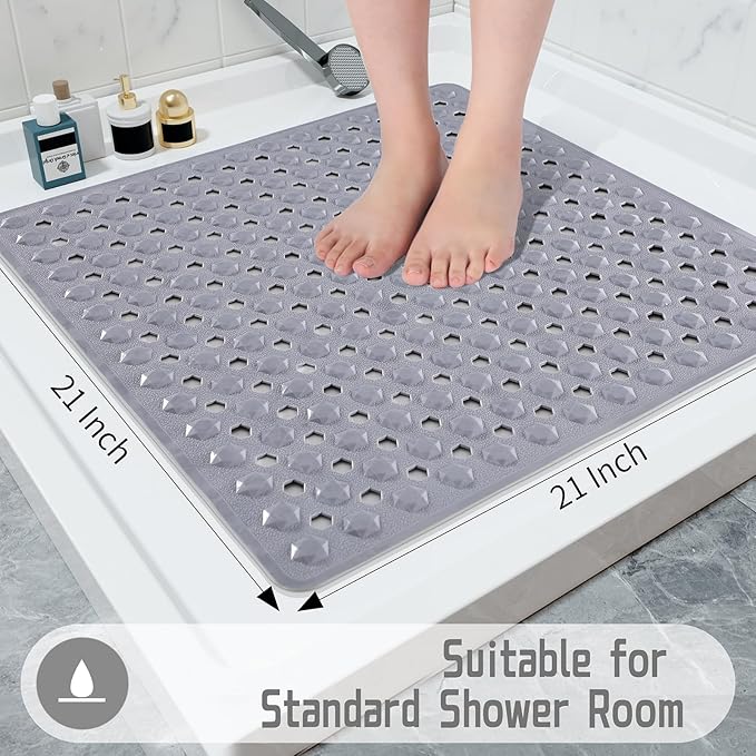 Yimobra Square Shower Floor Mat Non Slip, 21"x21" Machine Washable Bath Tub Mat, Soft on Feet, Bathmat with Drain Holes and Suction Cups, Fast Draining, Grey