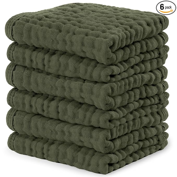 Comfy Cubs Muslin Baby Washcloths 6 Pack - Soft 6-Layer Cotton Wash Cloths for Sensitive Skin - 10"x10" Large, Gentle, Absorbent Infant Essentials for Newborn and Toddlers - Kelp