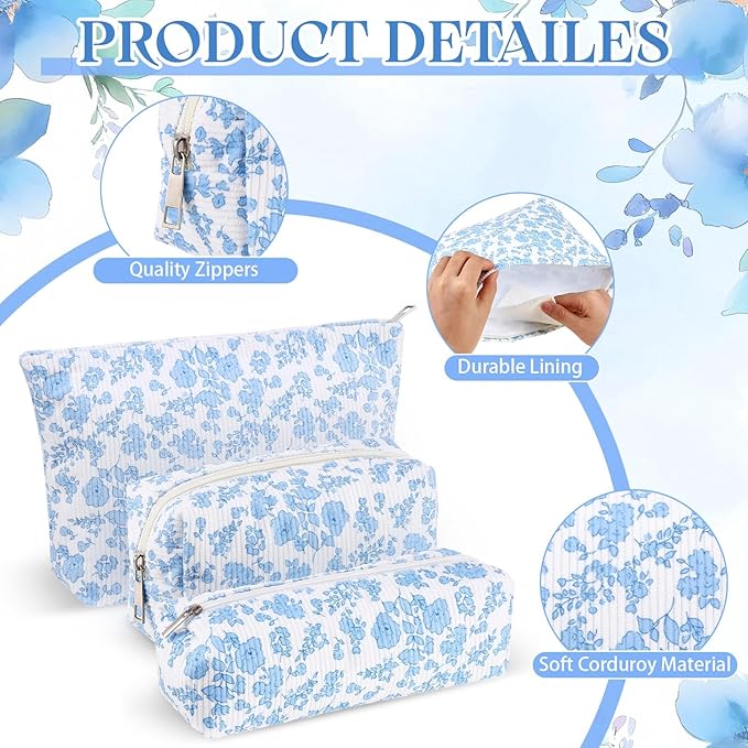 3 Pcs Makeup Bag Set for Women Corduroy Cosmetic Pouch Aesthetic Smile Travel Toiletry Bag Cute Purse Pouch Pencil Case Makeup Brushes Storage Organizer with Zipper (Blue,Floral)