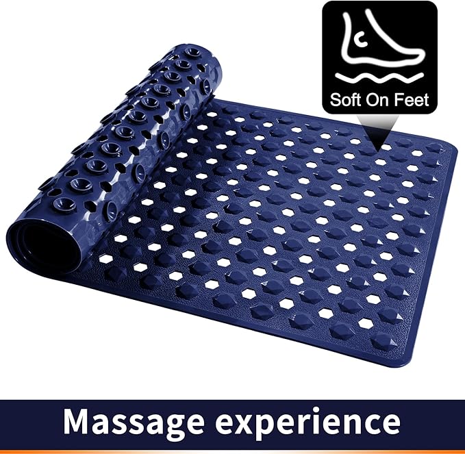 Yimobra Bathtub Mat Non Slip, 27.5"x15.5" Machine Washable Shower Floor Mat, Soft on Feet, Bathmat with Drain Holes and Suction Cups, Bathroom Essentials, Dark Blue