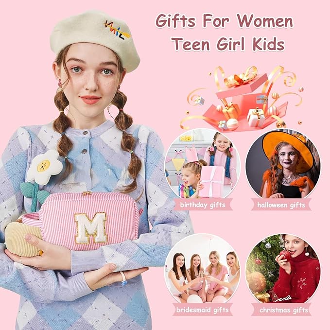 YOOLIFE Birthday Gifts for 6 7 8 9 10 11 12 13 14 15 Year Old Teen Girl - Initial Makeup Bag Letter Toiletry Pouch Cosmetic Case, Personalized Teen Girl Gifts Trendy Stuff, Pink C