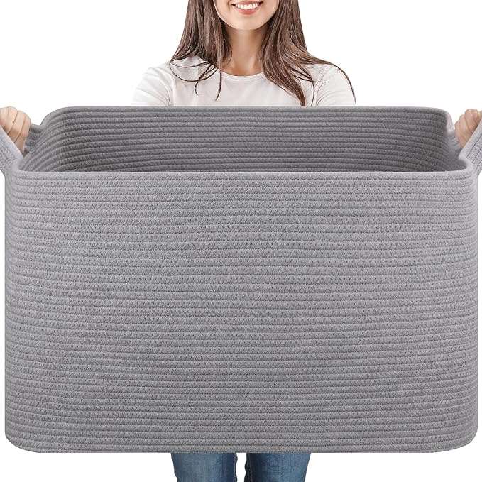 SIXDOVE 95L Large Storage Basket, Cotton Rope Woven Blanket Basket, Nursery Storage for Baby Room, Living Room, 24" x 16.9" x 14.2", Light Grey