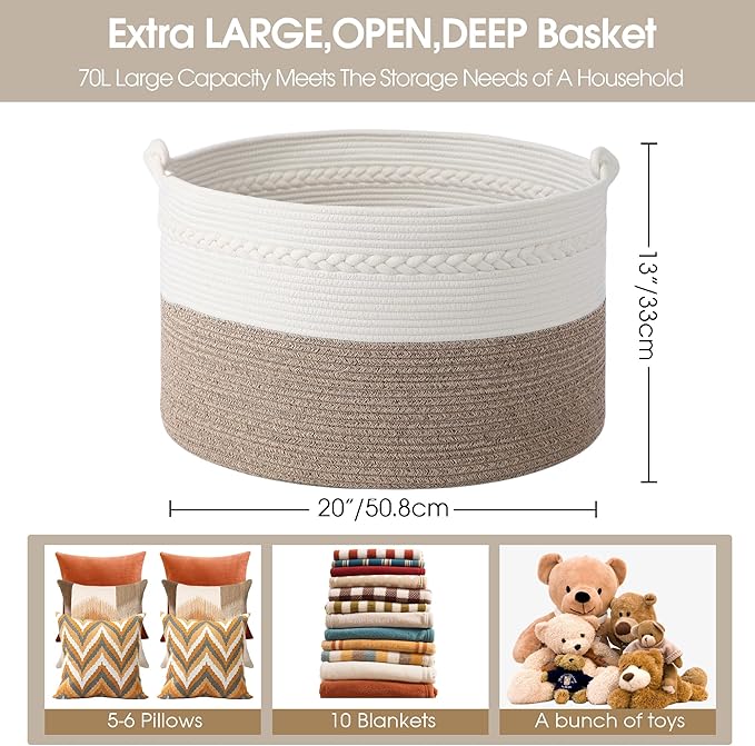 Laundry Basket,20''x13''Woven Cotton Rope Laundry Hamper,Blanket Basket for Living Room;Toy storage;Woven basket;Nursery Storage Bin,Nursery hamper,Boho Room Decor (White+Brown)