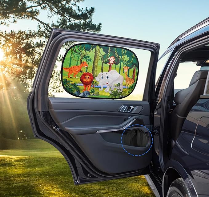 ABSOFINE Car Window Sun Shades for Baby Kids 2 Pack 19"x14", Animals Cartoon Window Shades Sun Blocker Cover, Baby Car Shades for Back Windows with 8 Suction Cups and Storage Bag, Anti Glare & UV