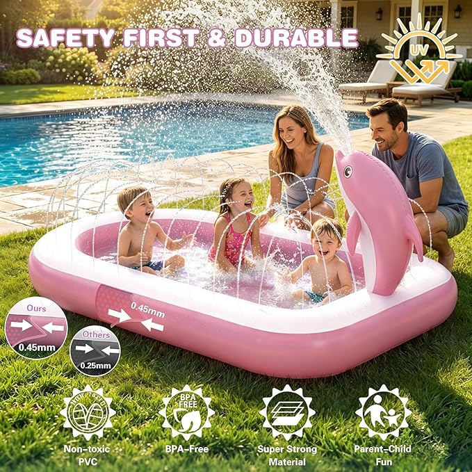 Splash Pads for Toddlers 1-3, Dolphin Toy Sprinkler for Kids, Outdoor Play Mat for Babies, 68" Backyard Inflatable Kiddie Pool, Splash Pad for Kids Ages 4-8, Birthday Gifts for 1 Year Old Boy Girl