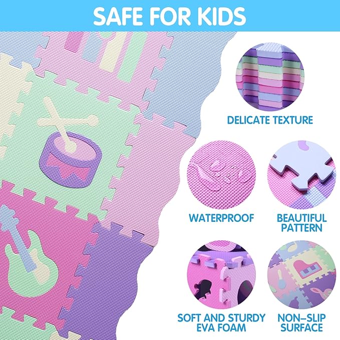 Tamiplay Foam Play Mat for Kids，25Pcs Square Interlocking Puzzle Floor Mat，Baby Play Mat Floor Mat Foam Puzzle Playmat for Toddlers with Fence（Musical Instrument-CSH016