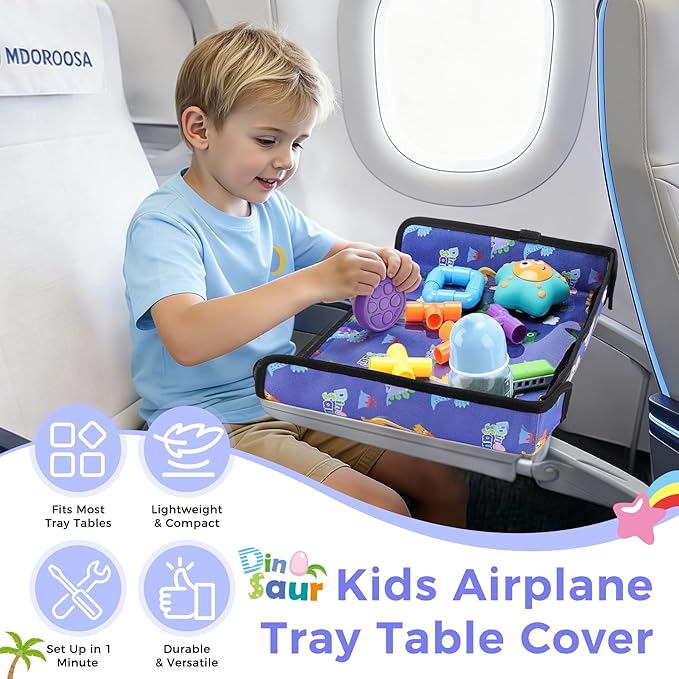 COOLBEBE Airplane Tray Table Cover, Foldable Travel Tray Cover for Toddlers 1-3, Universal Fit for Airplane, Car Seat, High Chair, Machine Washable, Portable, Blue Dinosaur