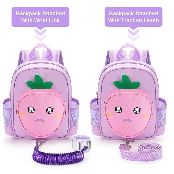 Accmor Toddler Backpack with Leash, 4 in 1 Kid Mini Backpacks with Anti Lost Wrist Link, Cute Child Harness Bag Rein for Outdoor, Peach Back Pack with Strap Tether for Baby Girl Aged 1-3 Years(Purple)