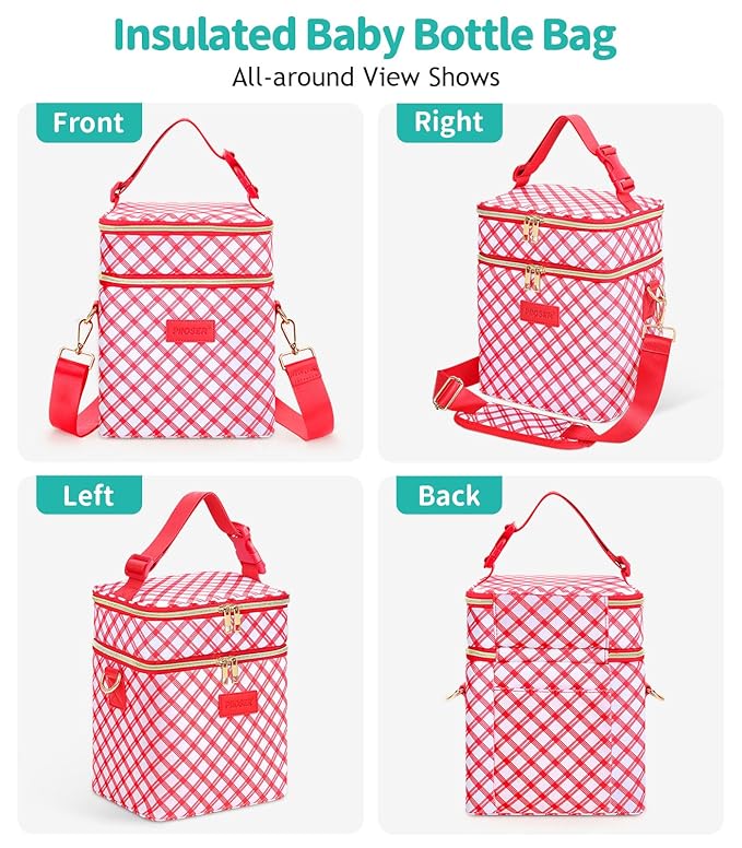 PIIOSER Breastmilk Cooler Bag with Ice Pack, Fits 6 Baby Bottles Up to 9 Oz, Stylish Baby Cooler Travel Bags with Shoulder Strap, Double Deck & Leakproof for Nursing & Working Mom-Red & White Striped