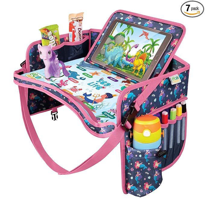 Kids Travel Tray - Waterproof Lap Table with No-Drop Large Tablet Holder - Car Seat Tray - Road Trip Essentials Kids - Car Desk Organizer for Airplane - Toddler Travel Essentials(MERMAID)