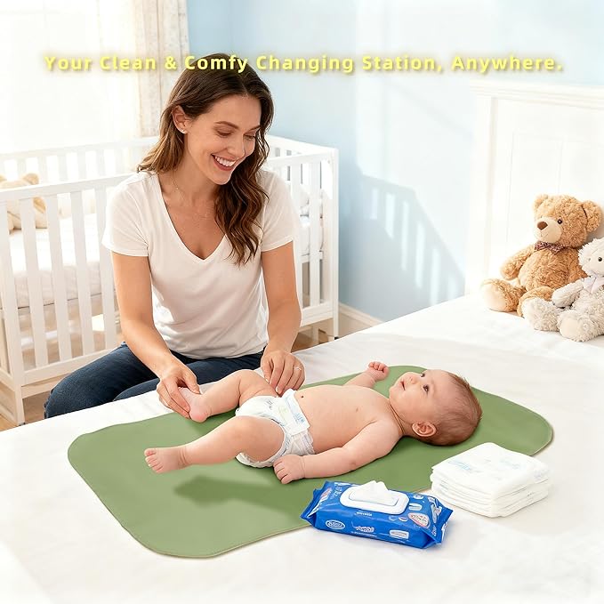 Elantrip Changing Pad for Bed - Leather Changing Pad for Baby, Portable Baby Changing Mat Travel, Compact Diaper Change Mat, Fits Diaper Bag Green and Beige
