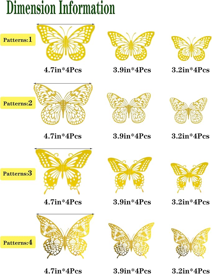 JOSDIOX 3D Gold Butterfly Wall Stickers - 72 Pcs with 4 Styles & 3 Sizes, Removable Decor for Party Birthday Wedding Cake Balloon Decoration (72 Gold)