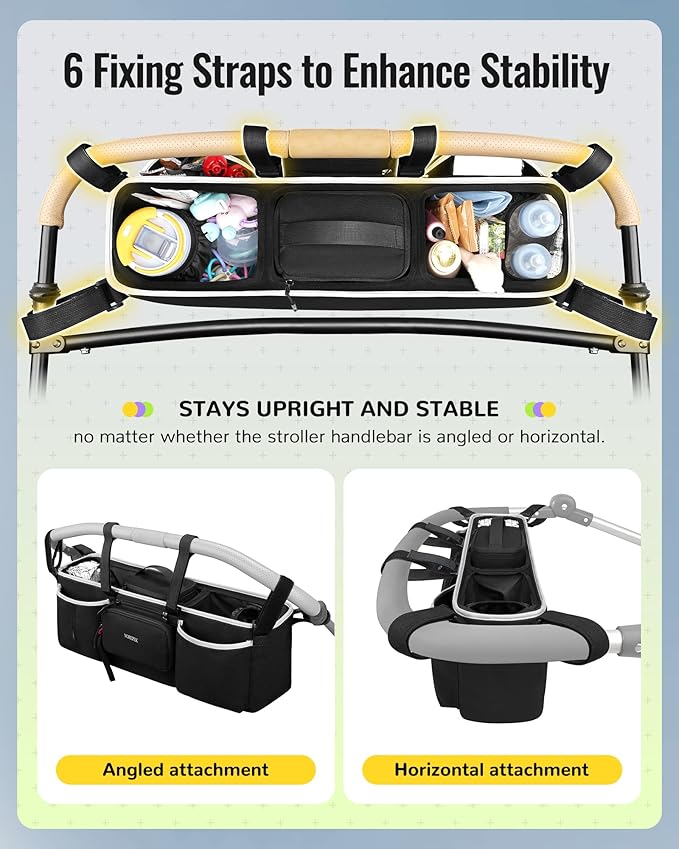 YOREPEK Heavy Duty Double Stroller Organizer for Bob Duallie, Baby Jogger City Mini GT2 and Jeep,Stroller Caddy with Detachable Cooler Bag and Handbag,Stroller Storage Attachment for Baby Accessories