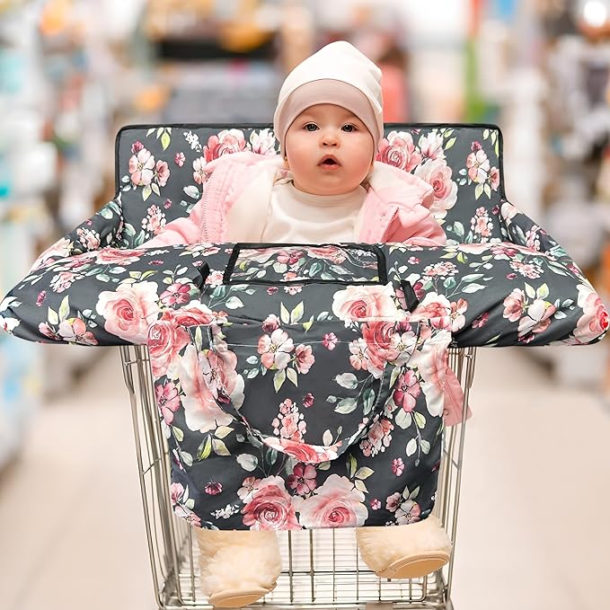 Shopping Cart Cover for Baby,2-in-1 High Chair Cover Soft,Portable, and Machine Washable,Comfortable Cotton Seat Pad with Safety Harness and Portable Cloth Bag,Fits All Supermarkets and Restaurants