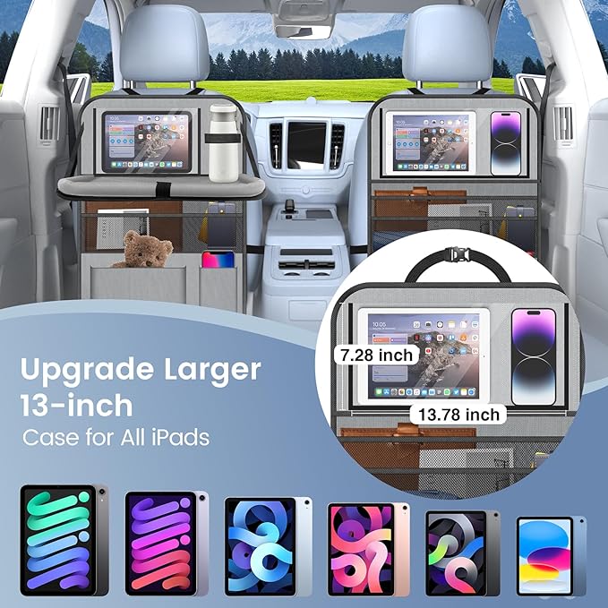 Oneyus 2PACK-Car Backseat Organizer with Touch Screen Tablet Holder,9 Storage Pockets Storage Organizer with Foldable Food Tray, Protector Kick Mats for Kids, Travel Accessories Organizer (Grey)
