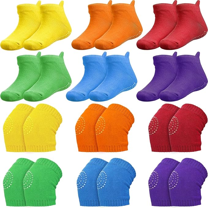 Geyoga 12 Pairs Baby Crawling Anti Slip Knee Pads and Baby Anti slip Socks Toddler Knee Protector