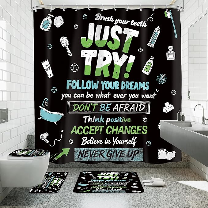 4 PCS Black Inspirational Quotes Shower Curtain Set 72Wx72H Positive Words Bathroom Set Non-Slip Bath Rug Toilet Lid Cover U Shape Mat Complete Bathtub Accessories with 12 Hooks Bathroom Decor