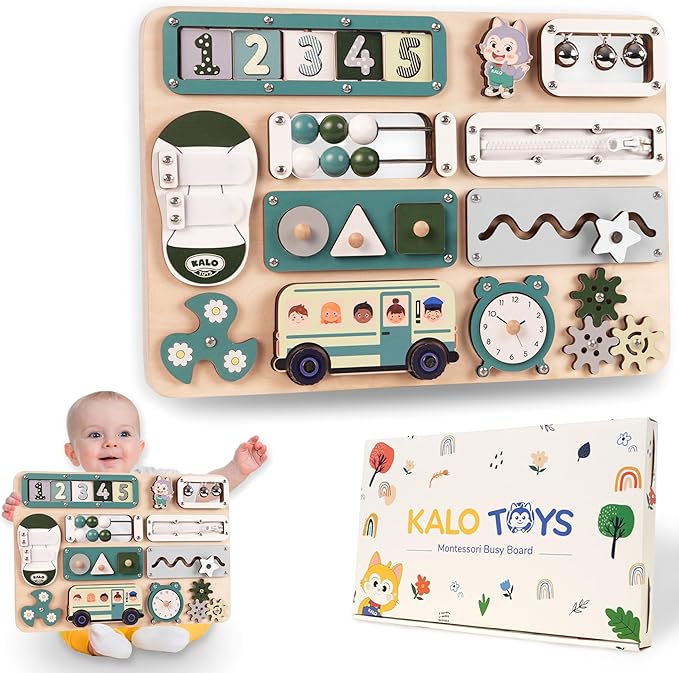 KALOTOYS Large Busy Board Montessori Toys for 1 2 3 Year Old - Sensory Toys for Toddlers 1-3 - Fine Motor Skills & Early Learning - Montessori Gift for Boys & Girls - Travel-Friendly & Safe (Green)