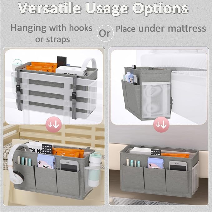 Edudif Dual-purpose Bedside Caddy Bedside Organizer, Bed Caddy with 6 Pockets, Versatile Bedside Storage Solution Magazine Remotes holder, ideal for Home, Dorm, Hospital, Crib Bed (Grey 2pcs)