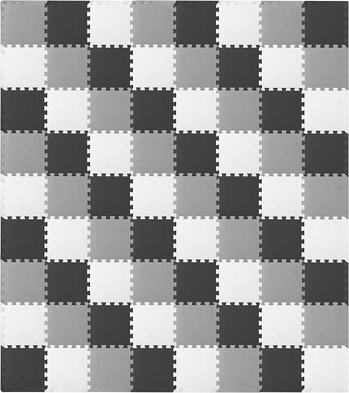 ProSource Baby Play Mat, Soft Foam Floor Tiles for Kids, Interlocking EVA Panels for Playpen Use, Crawling Development Surface, Safe Non-Toxic Toddler Flooring, 72 Tiles, Black/Gray/White