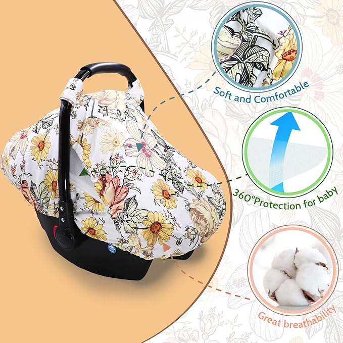 Floral Baby Car Seat Cover for Girl,Infant Carseat Canopy Sun Cover，Baby Carrier Cover with Zipped Peep Windows and Breathable Mesh, Stretchy 3in1Multi-use Stroller Cover