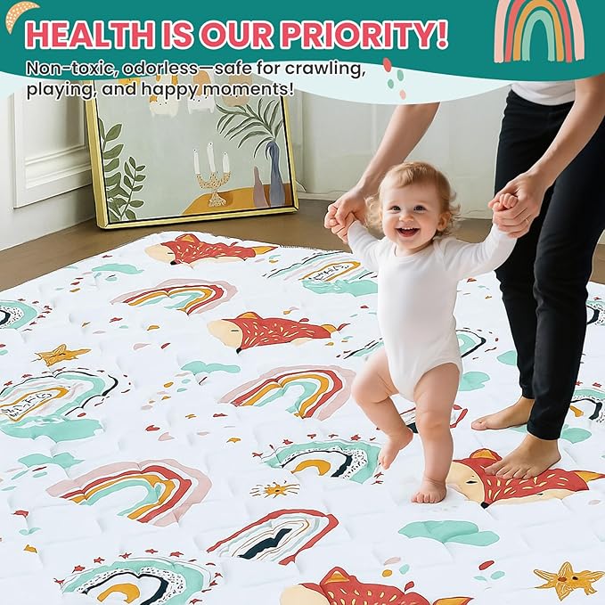 Duwenem Baby Play Mat for Floor,71x59 Inch Soft Foam Padding Crawling Mat for Playpen, Foldable and Machine Washable, Thick for Babies & Toddlers,Rainbow Fox