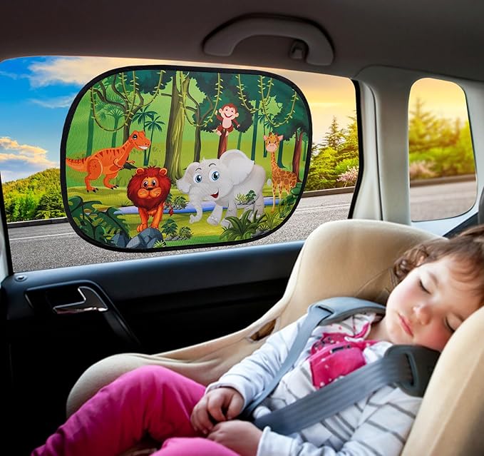 ABSOFINE Car Window Sun Shades for Baby Kids 2 Pack 19"x14", Animals Cartoon Window Shades Sun Blocker Cover, Baby Car Shades for Back Windows with 8 Suction Cups and Storage Bag, Anti Glare & UV