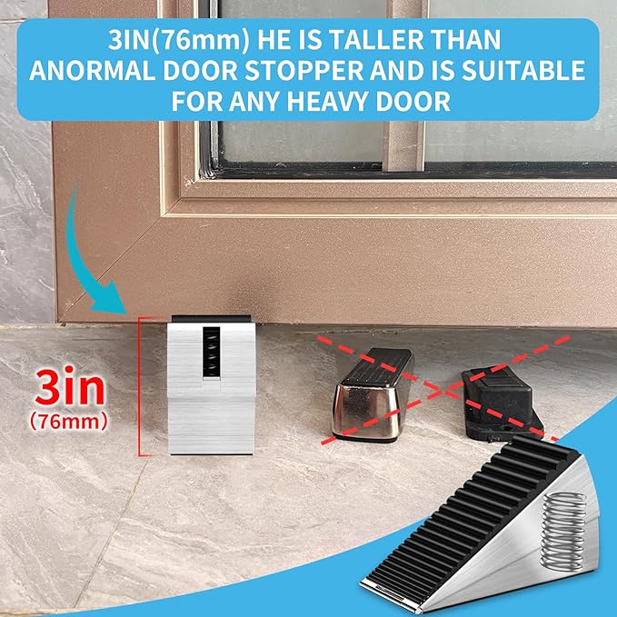 2Pc Strongest Door Stoppers for Bottom of Door- Spring Heavy Duty Door Stop Wedge, 3 Inch High Adjustable Metal Rubber Large Doorstop Strong Grip, Suits Carpet, Tile,Home,School,Commercial