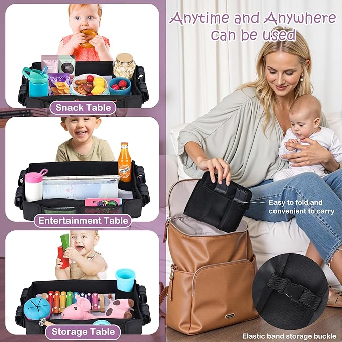 Babenest Stroller Snack Tray for Wonderfold Wagon W2, Foldable Thickened Snack Tray with Cup Holder, Storage Mesh Bag & Pen Slot, Easy to Clean Snack Board for Drawing