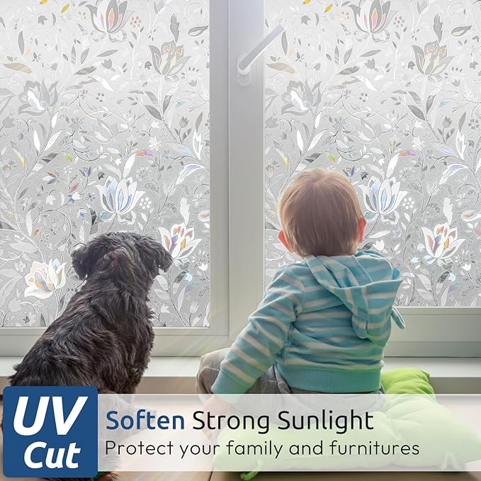rabbitgoo Window Privacy Film, Decorative Stained Glass Window Film, Sun Blocking Glass Clings, Renter-Friendly Static Cling Frosted Sticker Covering for Home Door, Rainbow Tulip 17.5" x 118.1"