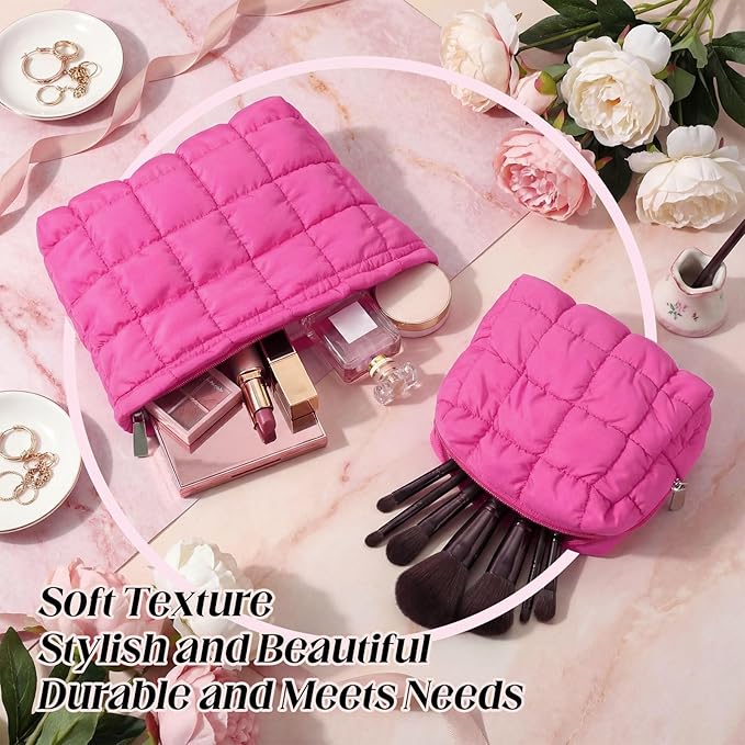 2 Pcs Puffy Makeup Bag Quilted Cosmetic Pouch for Women Cute Checkered Travel Toiletry Bag Puffer Makeup Organizer Purse Pouch Preppy Pencil Case with Zipper(Hot Pink)