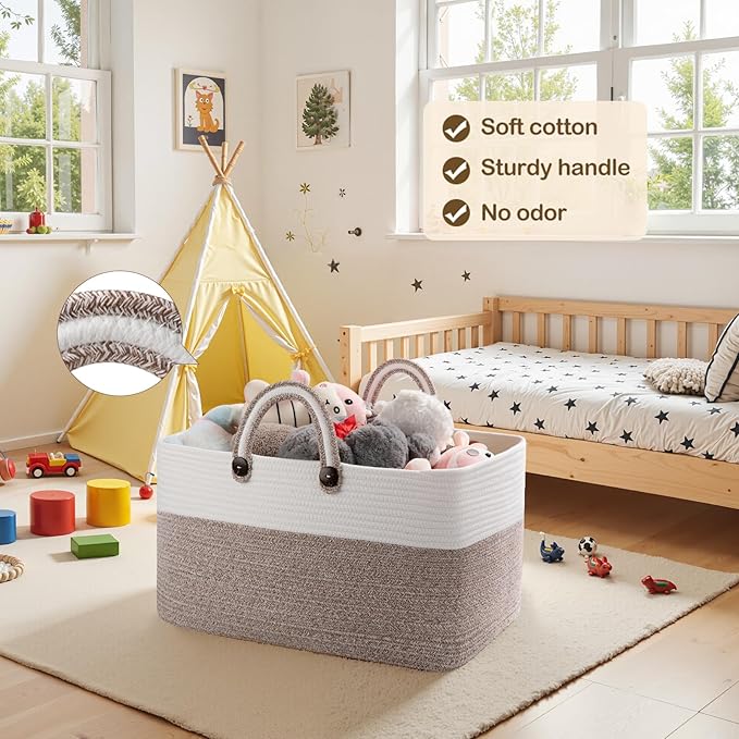 OIAHOMY 75L Large Blanket Basket, 22”x17”x12” Rectangle Woven Baskets For Storage, Nursery Blanket Storage Living Room, Toy Box With Long Handle-Gradient Brown With White