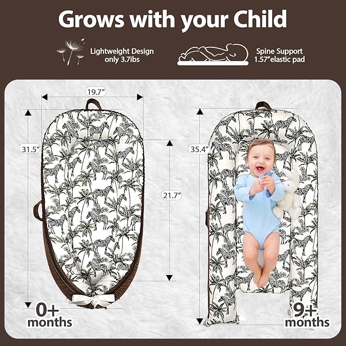 Baby Lounger-Breathable and Soft Organic 100% Cotton, Portable Infant Lounger with Removable Lounger Cover, Baby nest Lounger for Newborn - Brown Zebra